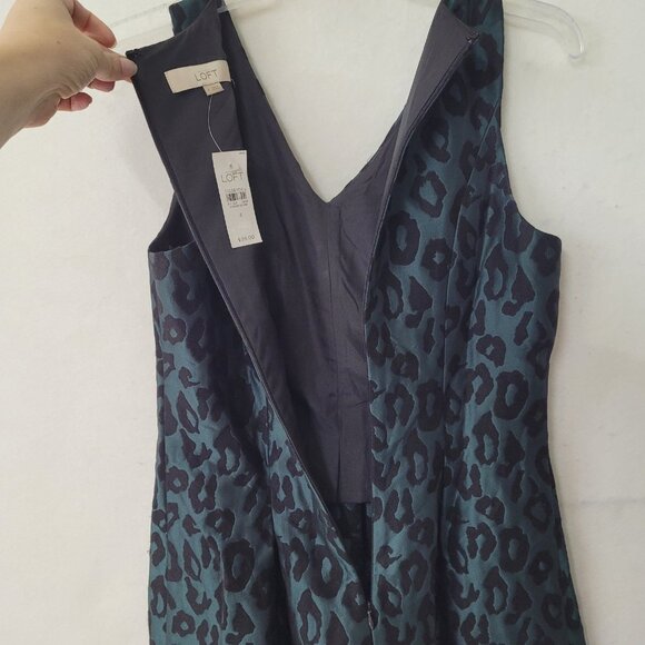 LOFT‎ Dress Womens 4 Green Black Sleeveless Jacquard Animal Print Fit Flare New - Picture 10 of 13